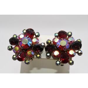 Vintage Red Aurora Borealis Rhinestone Clip Earrings Riveted 1950s